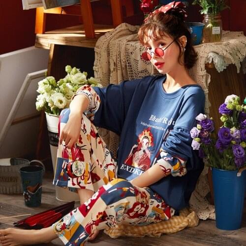 Autumn Chinese Style Blue Pyjamas Female Cute Drama Pattern Sleepwear Fashion Girl Cotton Pijamas Mujer Leisure Homewear Women