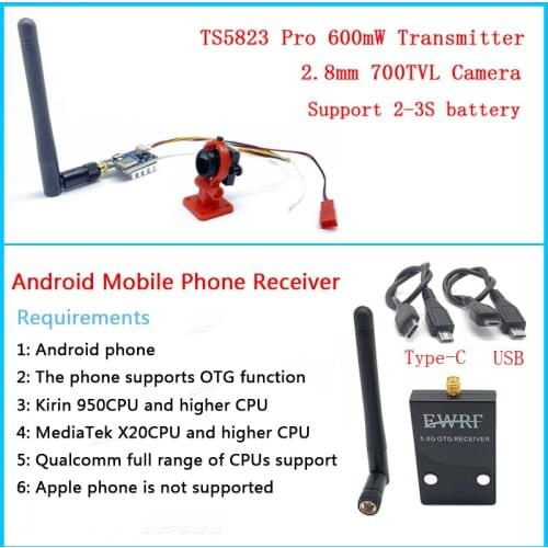 EWRF5.8G TSPro 600mW Transmitter with 120degree700TVL Camera Support 2-3S Battery and Android Mobile Phone Receiver For RC Drone