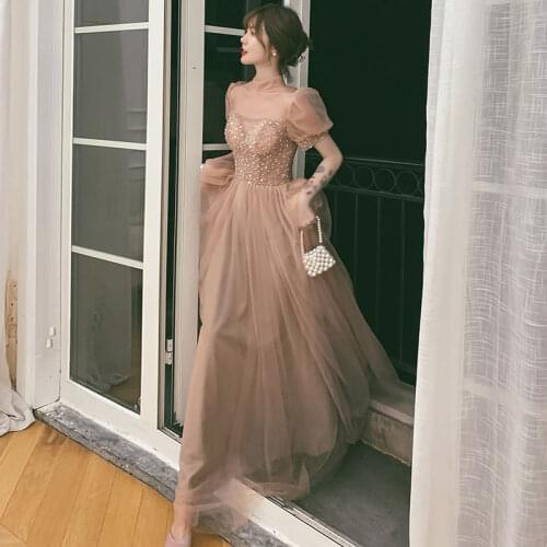 Sequins High Neck Evening Dress Beads Bling Short Sleeves A-Line Floor-Length Simple Elegant New Woman Formal Party Gown A432