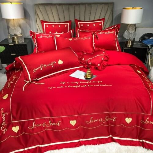 Silk Embroidery Traditional Chinese Red Wedding Bedding Set Cotton Queen King Size Oriental Duvet Cover Sheet Pillowcase 4PCS #s