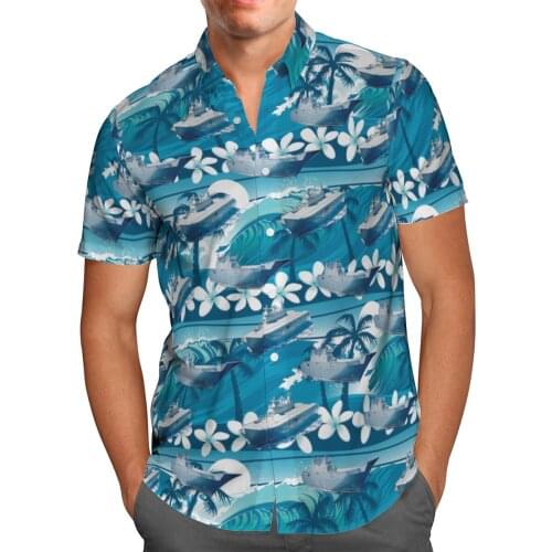 Warship Print Short Sleeve Shirts For Men Loose Cardigan Button Shirt Plus Size Hawaiian Style Summer 2021 Ventilated Shirt-60