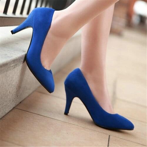 AGODOR Women Flock Pointed Toe Slip on Pumps Thin High Heel All Match Hot Pink Pumps Women Shoes Royal Blue Pumps Size 34-43