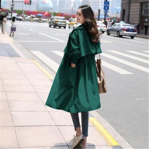 Spring Windbreaker Coat Women Fashion Thin Section British style Big size Long-sleeved Green Slim Long Female Windbreaker 915