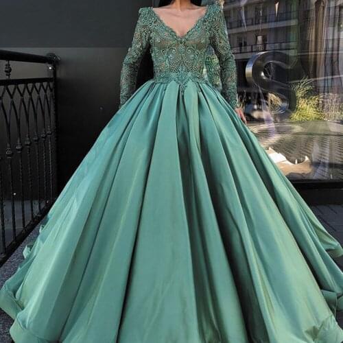 SuperKimJo Vintage Ball Gown Prom Dresses 2020 Long Sleeve Lace Applique Green Elegant Prom Gown 2021 Robe De Soiree