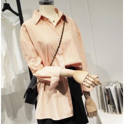 Womens Spring Autumn Runway Fashion Long Sleeve Striped Cotton Shirt Female High Waist Casual Plus OL Blouse Tees Tops TB1620