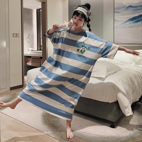 Women Polyester O Neck Short Sleeve Striped Loose Nightgown Dress Sleepwear