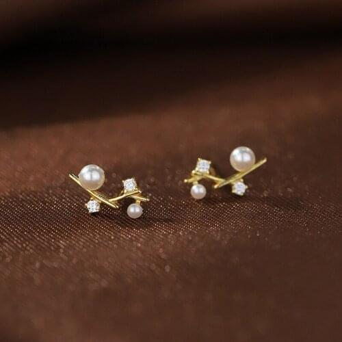 Genuine 925 Sterling Silver Tree Branch Zircon Pearl Mini Small Stud Earrings for Women Chic Charming Korean Wedding Jewelry