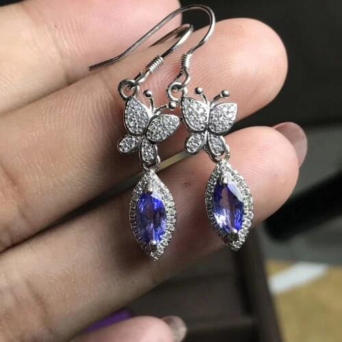 Fashion natural blue tanzanite drop earrings Natural gemstone Butterfly water drop earrings 925 silver female party gift jewelry