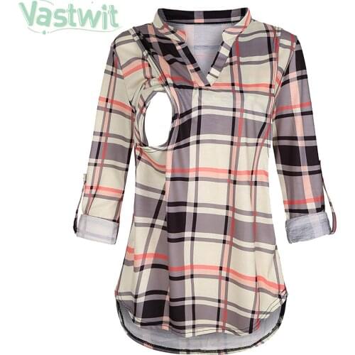 Women Pregnant Maternity Clothes Long Sleeve V Neck Plaid Nursing Tops Breastfeeding Blouse T-Shirt Pregnancy Plus Size Tees