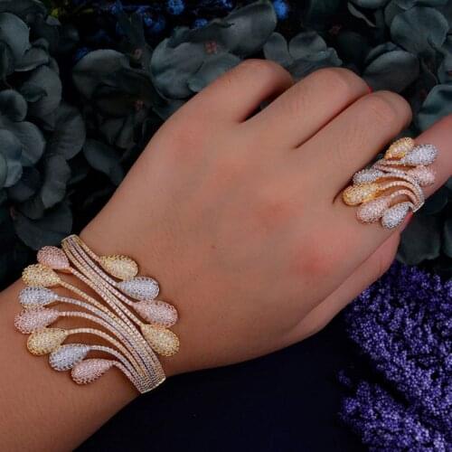 Zlxgirl Nigerian Wedding Jewelry Sets Bangle Ring Gold Color Copper Big Bangles Cubic Zirconia Women couple bijoux free shipping