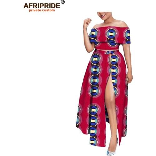 2019 summer sexy skirt set for women AFRIPRIDE slash neck crop top+ankle length splited skirt ankara cotton women set A1826024