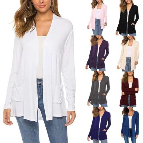 Womens solid color casual long-sleeved sweater with pockets large size loose home casual wear jacket simple cardigan jacket /F