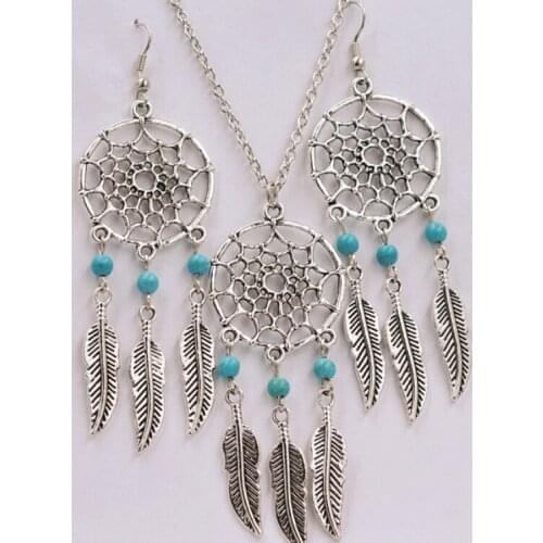 Vintage Silver Charms Choker Statement Dreamcatcher Besd Feathers Necklace Earrings Jewelry Sets For Women Dress Brand Craft