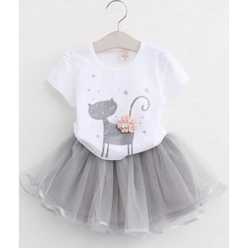2019 children girls new summer sets Kids cute cartoon flower cotton T-shirt + Mesh skirt clothing set 3-8 years