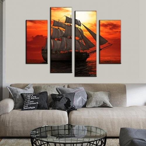 4 Pcs Combined Landscape Canvas Painting The Sunset Galleon Large Prints Picture Home Room Decor Wall Art Unframed