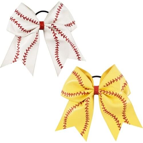 7" Leather Baseball Cheer Bow for Girl Kid Handmade Glitter Softball Cheerleading Hair Bow With Ponytail Holder Hair Accessories