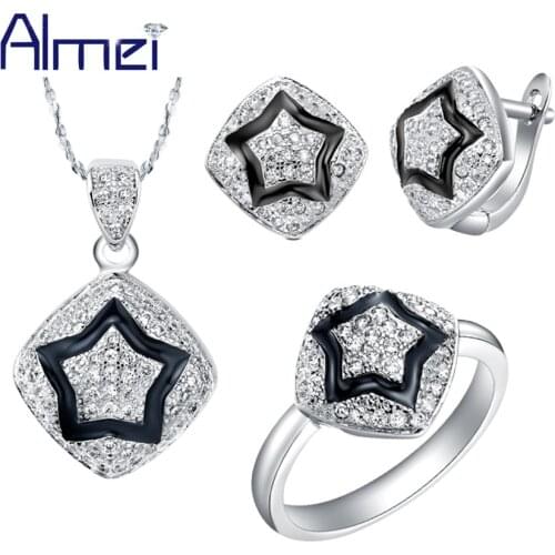 Almei Arrival Square with Star Enamel 182 pcs Crystal Jewelry Sets for Wedding Woman Silver Color Ring Pendants Jewellry T171