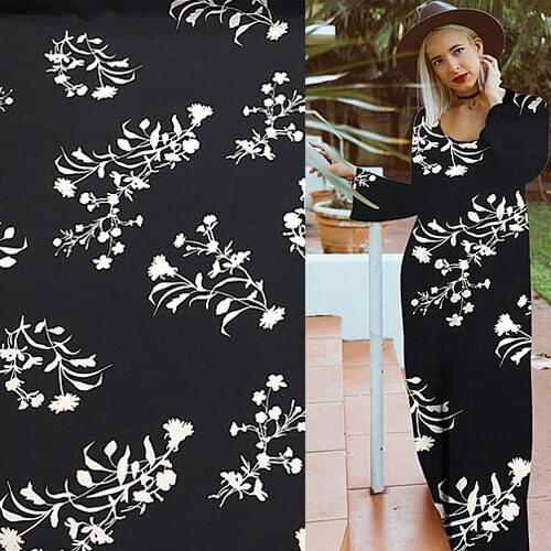 White floral on black background silk Crepe DE chine fabric 140cm width,SCDC699