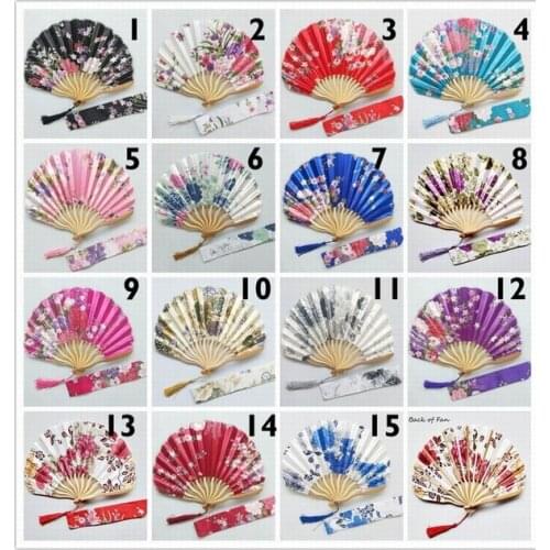 Free Shipping 50pcs Personalized Cherry Blossom Design Round Cloth Folding Hand Fan with Gift bag Wedding Gifts for Guests