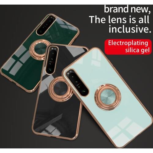 For Sony Xperia 1 10 iii III Ace2 Ace 2 6D Golden Plating Frame Case Magnet Finger Ring Stand Holder Soft Back Cover Capa Fundas