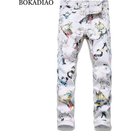BOKADIAO Man jeans fashion Personalized trendy Print Straight jeans for men white Pants wild Slim denim trousers male Streetwear