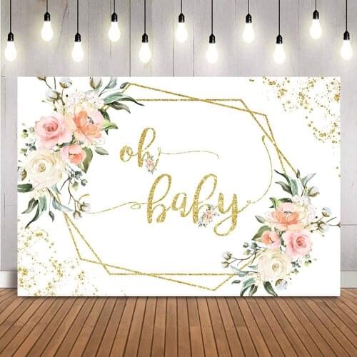 Oh Baby Floral Backdrop Gold Glitter Dots Baby Shower Background for Photo Studio Pink Flowers Birthday Party Decoration Banner