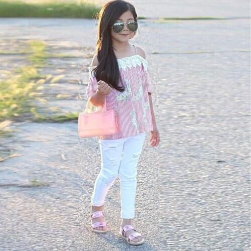 2020 INS Girls Fashion Clothes Set One-word Neck Sling Top Ripped Casual Pants 2-Piece Set For Girls' Clothes