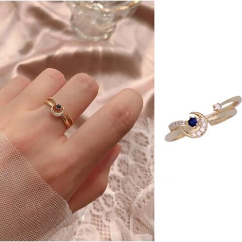 Leven Fancy Silver Sterling 925 Blue Zircon Star Moon Two-in-one Stack Open Ring for Girls Women Jewelry Gift Golden Cz Rings