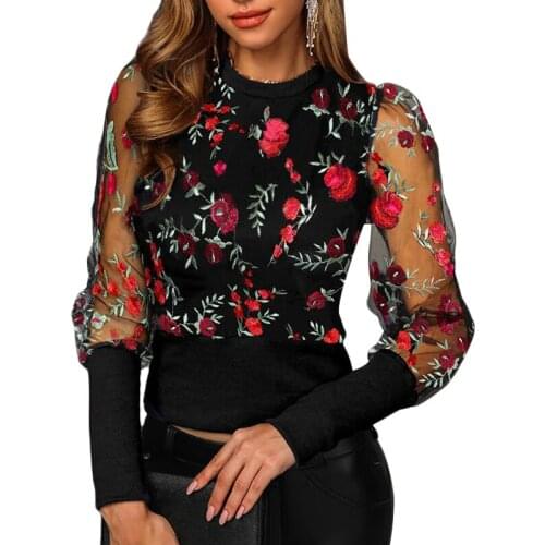 Hirigin HOT Women Casual Tops Holiday Ladies Flower T-Shirt Loose Lantern Sleeve see through Elegant Female T Shirt Clothes