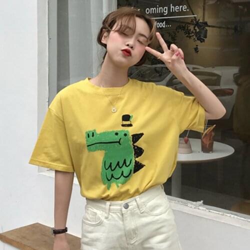 Cute Cartoon Print T shirt Women Summer New Style Short Sleeve O Neck Cotton Spandex Women Tops Tees Loose T-shirt Women