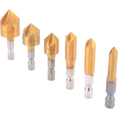 6x 5Flute Countersink Drill Bit Set 90 Degree Counter Sink Chamfer Cutter Countersink Cutting Tools 1/4inch 6-19mm