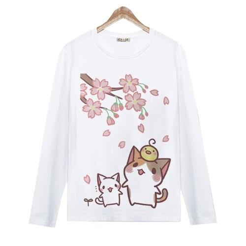 Neko Atsume Spring Autumn Long Sleeve T Shirt Casual Cute Cat Print Round Neck Tshirt Cartoon Students Plus Size Tops Tee Shirt