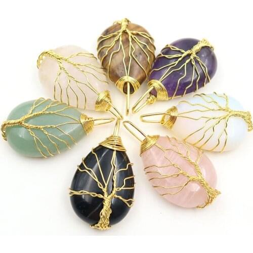 XSM Teardrop Shaped Crystal Pendant Necklaces Tree of Life Wire Wrapped Natural Onyx Stones Charms Jewelry Souvenir Gift 1 Pcs