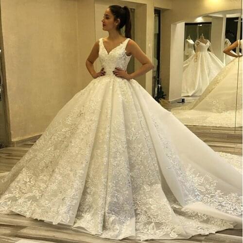 YIWUMENSA Luxury V Neck Ball Gown Wedding Dress 2020 Plus Size Crystals Ball Gown Wedding Gowns Lace-up Dresses Vestido De Novai