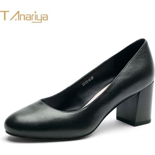 Tanariya Leather Sheepskin Dark Green Coarse Shoes Women Ladies High Heels Women Shoes Woman Pumps Leather Genuine