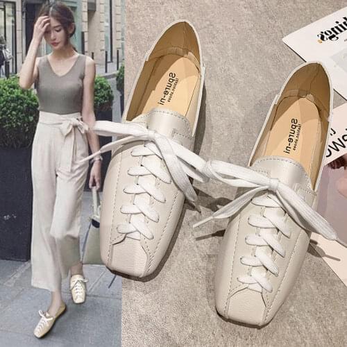 2021 New Latest Fashion Leather Shoes Personalized Street Style Lace Up Single Shoes Womens Square Head Flat Shoes Size 35-40