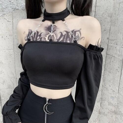 Punk With Chain Off Shoulder T-Shirts Gothic Sexy Backless Grunge Black Halter Crop Tops Long Sleeve Women Spring Autumn Tee