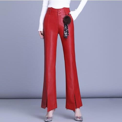 Spring Autumn Womens High Waisted Black Red Pu Leather Flare Pants , Lace Patchwork Ankle Length Fashion Trousers for Women