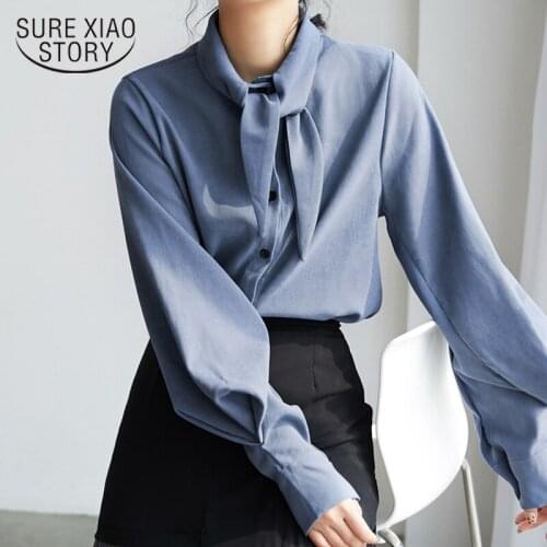 Hong Kong Style Vintage Female Shirts Bow Tie Rabbit Ear Temperament Lantern Sleeve Joker Loose Women Tops and Blouses 6461 50