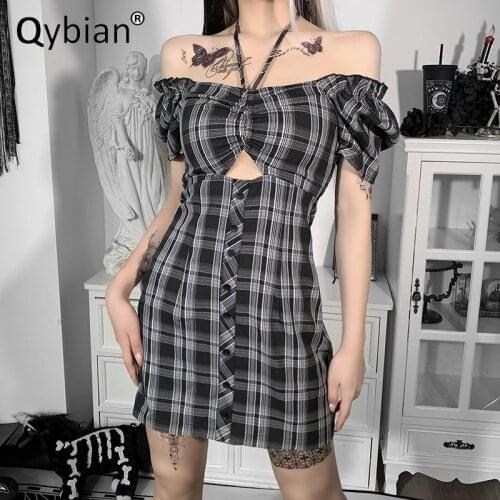2021new Arrival Off Shoulder Hanging Neck Plaid Sexy Dress Hollow Out Slim Dress Women Gothic Casual Dress