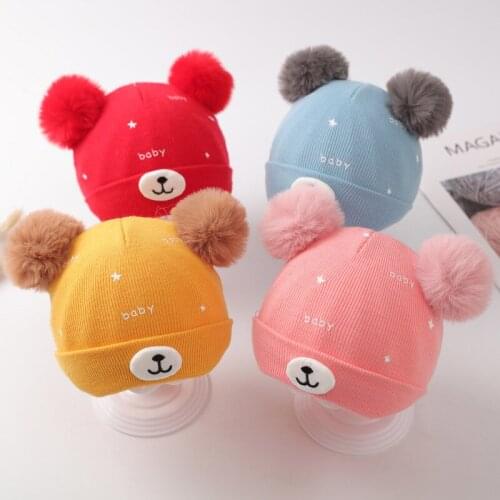 Winter Warm Baby Hat With Double Pompom Solid Color Soft Knitted Beanie Cap For Baby Boy Girl Cute Carton Animal Kids Cap