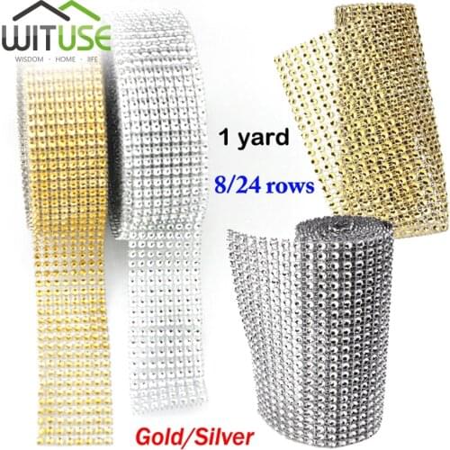 1 Yard /Roll Silver Gold Crystal Diamond Mesh Rhinestone Ribbon for Wedding Party Gift Vase Floral Decoration Products Decor