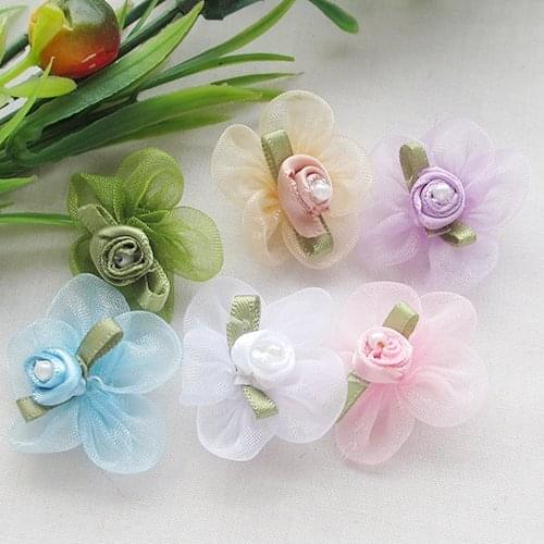 20PCS 1 1/8" Organza Ribbon Flowers w/Rose wedding supply Appliques