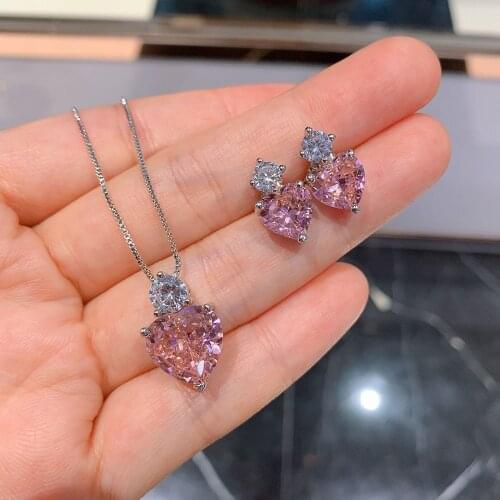2020 Trend Romantic Pink Heart-Shaped Quartz Created Moissanite Earrings/Pendant/Necklace Silver 925 Jewelry Set Gift for Women