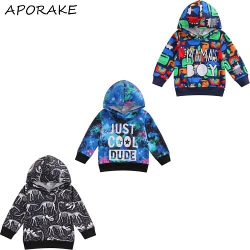 2021 0-4Y Kids Boys Hooded Long Sleeve Sweatshirt Cartoon Dinosaur Lettering Colorful Tops without Pockets Spring Fall Hoodies