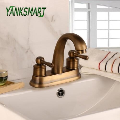 YANKSMART Antique Brass 2 Handle Deck Mounted Dual Handle Two Holes Bathroom Faucet Brass Swive Long Spout Basin Sink Mixer Taps