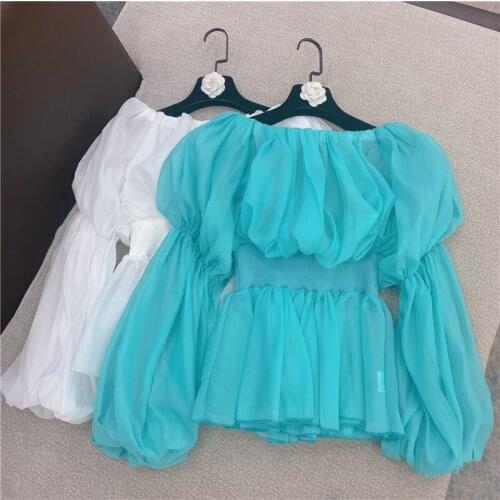 Spring and Summer New Korean Sweet Lantern Sleeves Waist and Thin One-shoulder Mesh Blouses Women Tops Fashion Streetwear 2021