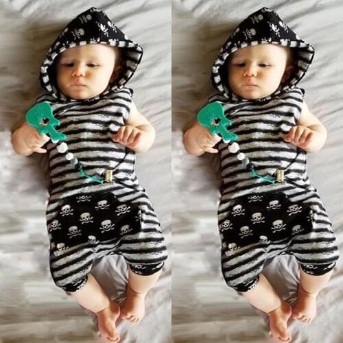 0-24M Newborn Kid Baby Boys Girl Infant Clothing Skull striped pocket Hooded Romper Cotton Jumpsuit cute children Outfits