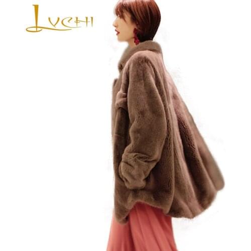 LVCHI Winter 2019 Import Swan Velvet Mink Coats Womens Natural Fur Coat O-Neck Pocket Loss Full Pelt Slim Causal Mink Fur Coats