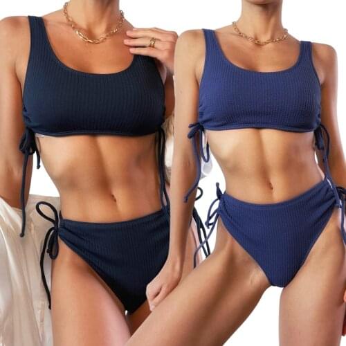 Two Piece Lace Up Swimwear Womens Solid Color 2Pcs Bikini Suit Low Square Neck Drawstring Tank Tops Side Tie Triangle Bottoms